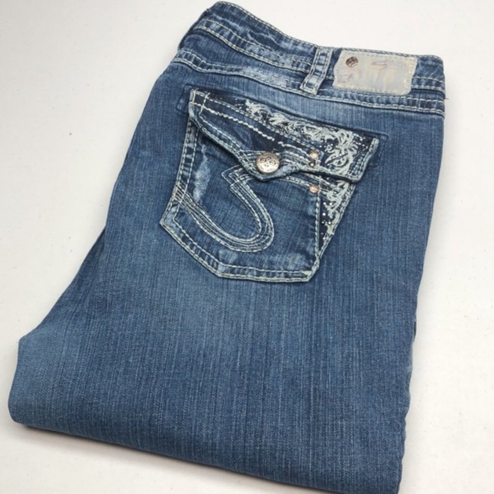 DISTRESS SILVER TUESDAY MID BOOT JEANS 20/35x31 😎